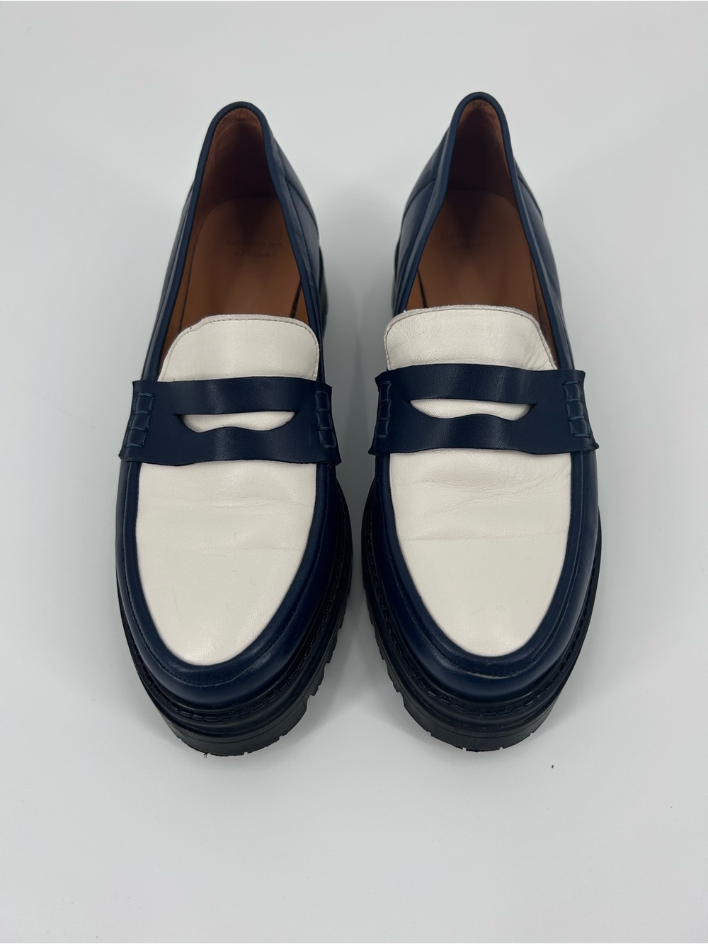 SEZANE Albane Navy White Leather Platform Penny Loafers - Size 41 / US 10.5-11